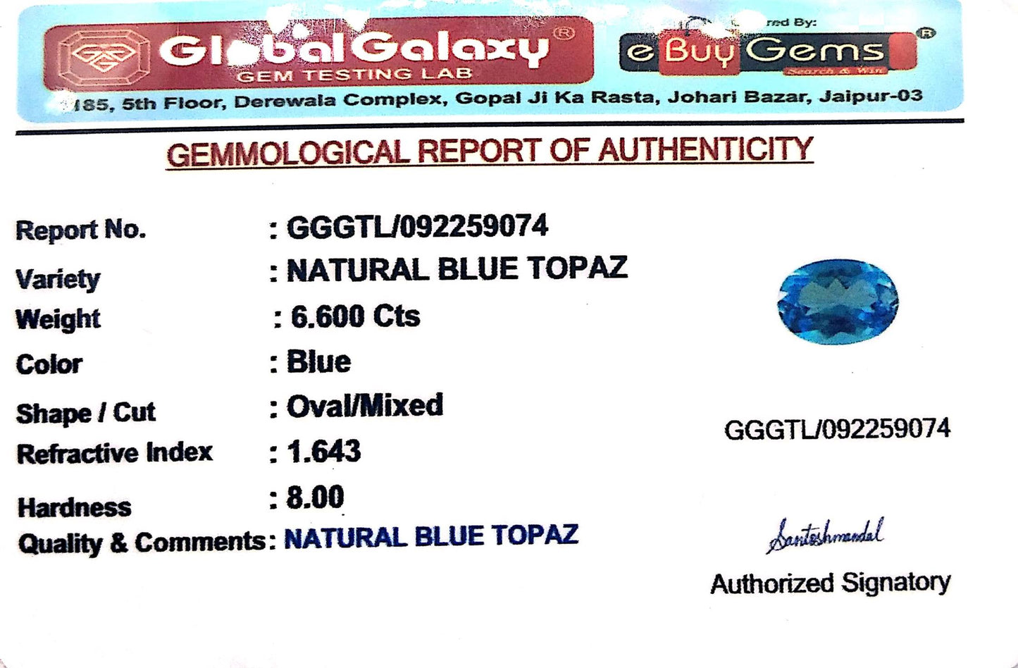 Natural Blue Topaz -6.60cts