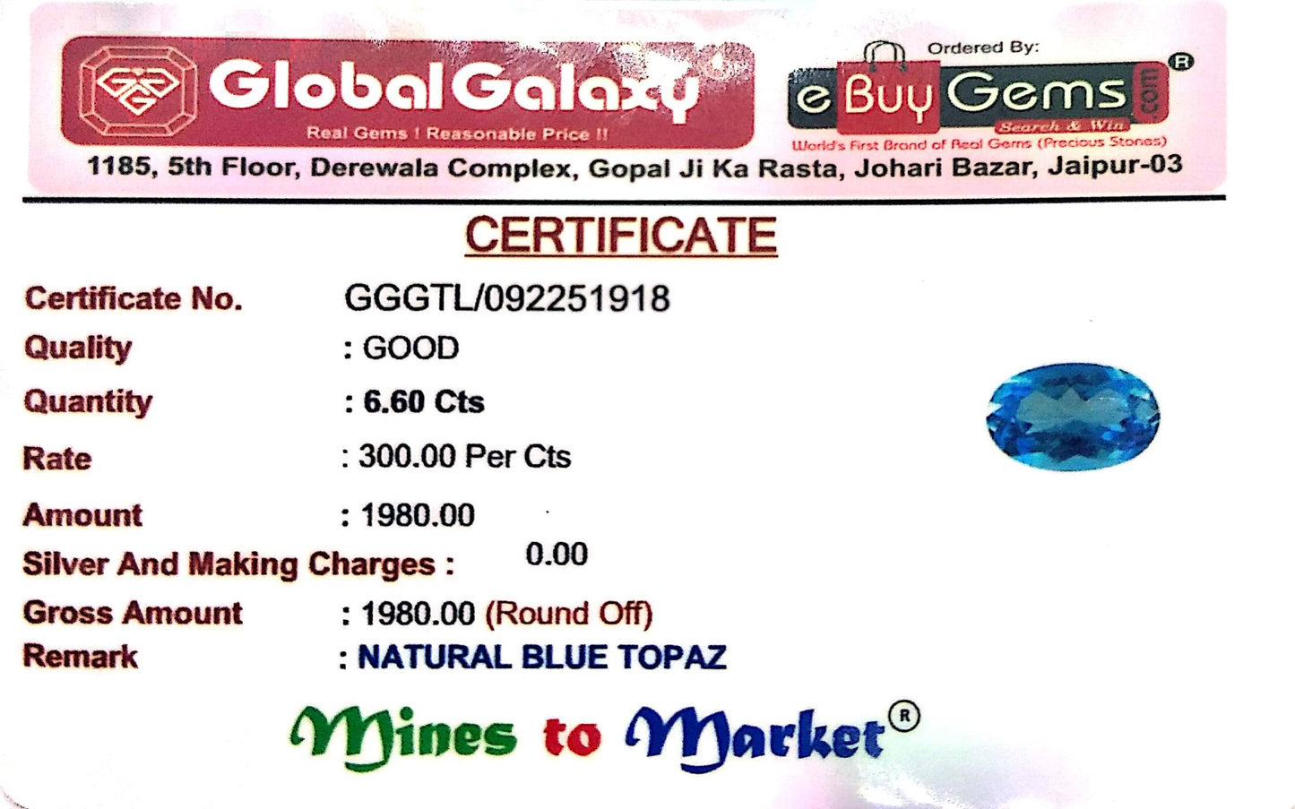 Natural Blue Topaz -6.60cts