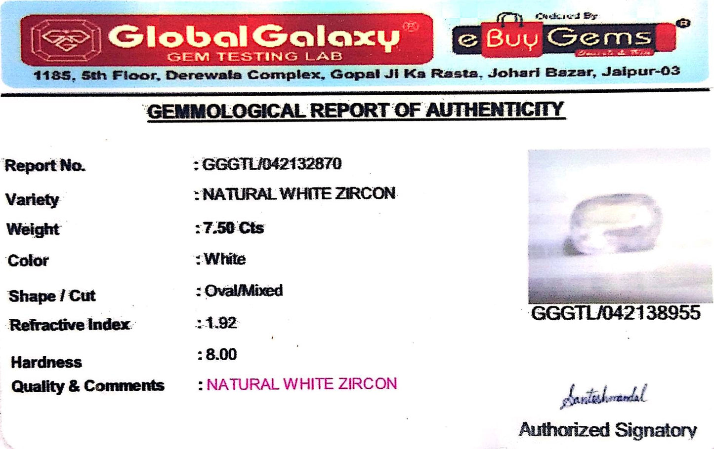 Natural White Zircon -7.50cts